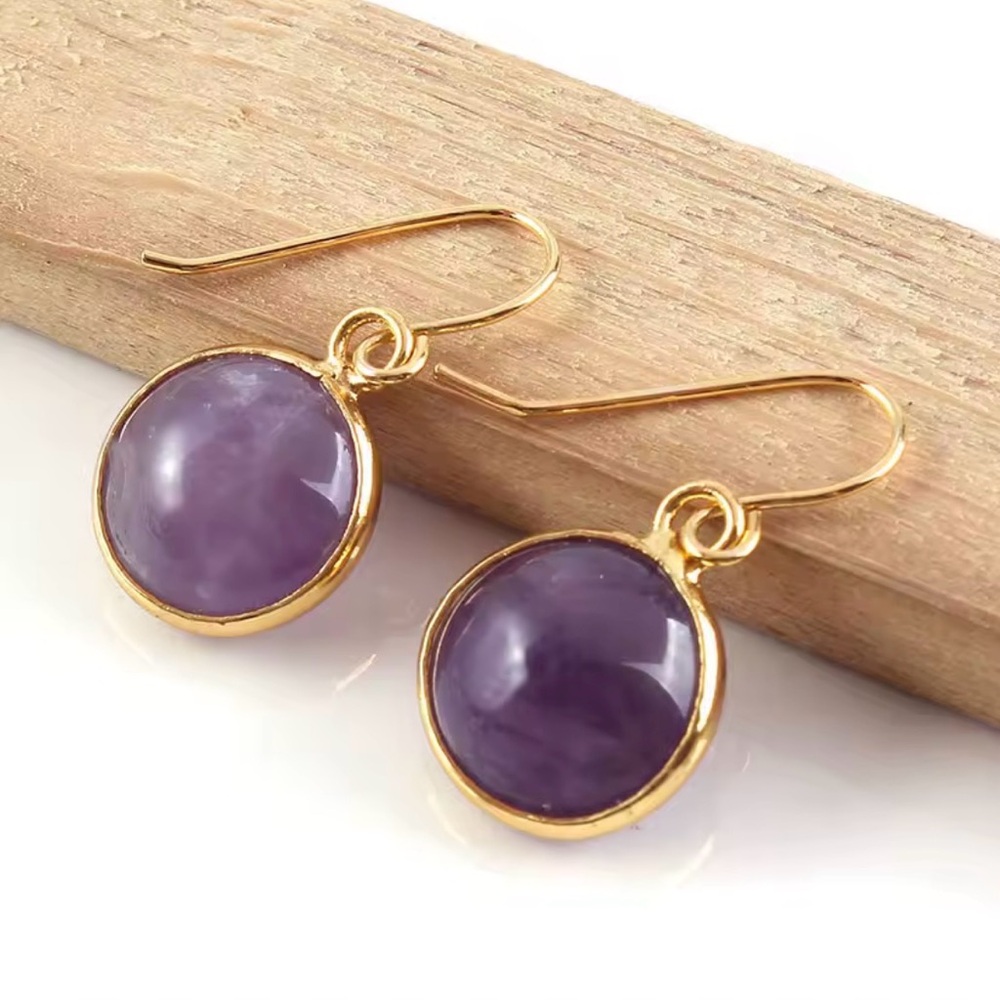 Gold Drop Amethyst Earrings - Women's Purple Gemstone Dangle